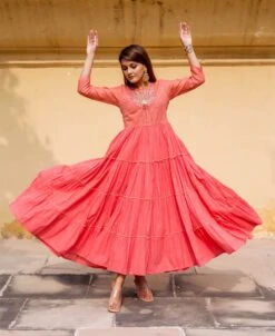Peach Tiered Dress With Block Printed Dupatta -ZAZU Clothing Shop skd70935b