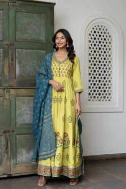 Floral Printed Anarkali Maxi Dress With Printed Dupatta