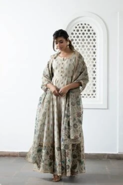 Floral Printed Anarkali Dress With Printed Dupatta -ZAZU Clothing Shop smc2204khakhi2