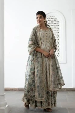 Floral Printed Anarkali Dress With Printed Dupatta -ZAZU Clothing Shop smc2204khakhi3
