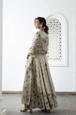 Floral Printed Anarkali Dress With Printed Dupatta -ZAZU Clothing Shop smc2204khakhi4