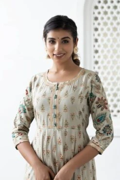 Floral Printed Anarkali Dress With Printed Dupatta -ZAZU Clothing Shop smc2204khakhib