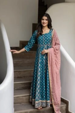 Blue Printed Art Silk Dress With Mauve Kota Doria Dupatta - Set Of 2