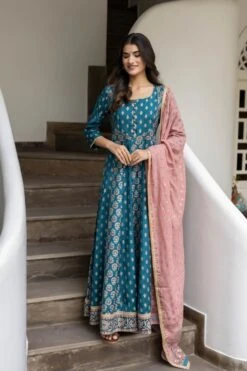 Blue Printed Art Silk Dress With Mauve Kota Doria Dupatta - Set Of 2 -ZAZU Clothing Shop smc2205tblu4