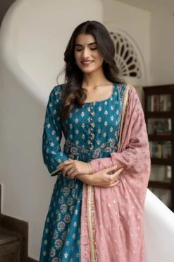 Blue Printed Art Silk Dress With Mauve Kota Doria Dupatta - Set Of 2 -ZAZU Clothing Shop smc2205tblub