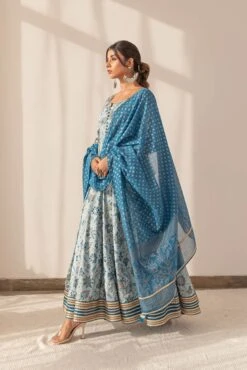 Blue Floral Printed Anarkali Dress With Dupatta -ZAZU Clothing Shop smc2230blu2