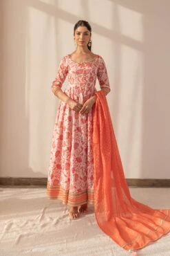 Orange Floral Printed Anarkali Dress With Dupatta -ZAZU Clothing Shop smc2230org2