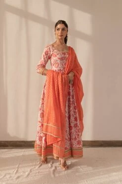Orange Floral Printed Anarkali Dress With Dupatta -ZAZU Clothing Shop smc2230org3