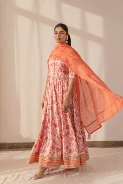 Orange Floral Printed Anarkali Dress With Dupatta -ZAZU Clothing Shop smc2230org4