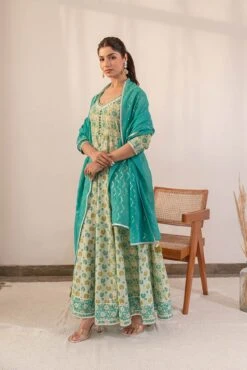 Sea Green Printed Anarkali Dress With Dupatta -ZAZU Clothing Shop smc2234grn2