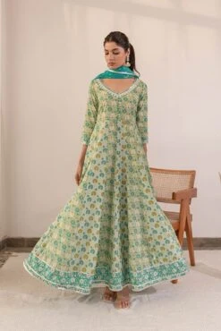 Sea Green Printed Anarkali Dress With Dupatta -ZAZU Clothing Shop smc2234grn4