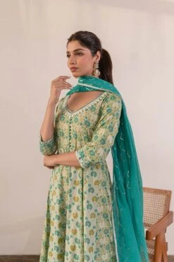 Sea Green Printed Anarkali Dress With Dupatta -ZAZU Clothing Shop smc2234grnb