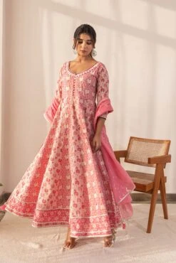 Pink Printed Anarkali Dress With Dupatta -ZAZU Clothing Shop smc2234pnk3