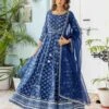 Indigo Floral Flared Dress With Organza Dupatta (2Pc) -ZAZU Clothing Shop smc2340blu1