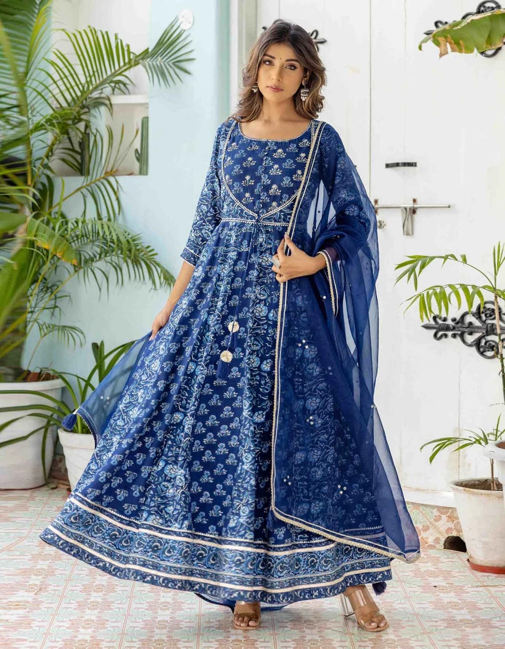 Indigo Floral Flared Dress With Organza Dupatta (2Pc) 3 Indigo Floral Flared Dress With Organza Dupatta (2Pc)