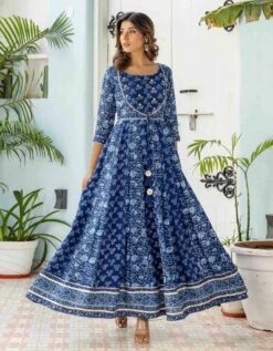 Indigo Floral Flared Dress With Organza Dupatta (2Pc) 10 Indigo Floral Flared Dress With Organza Dupatta (2Pc) -ZAZU Clothing Shop smc2340blu2