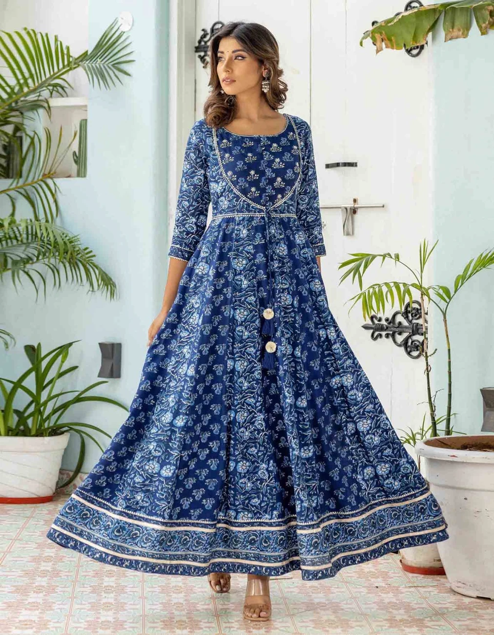 Indigo Floral Flared Dress With Organza Dupatta (2Pc) 4 Indigo Floral Flared Dress With Organza Dupatta (2Pc) - Image 2
