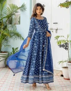 Indigo Floral Flared Dress With Organza Dupatta (2Pc) 11 Indigo Floral Flared Dress With Organza Dupatta (2Pc) -ZAZU Clothing Shop smc2340blu3