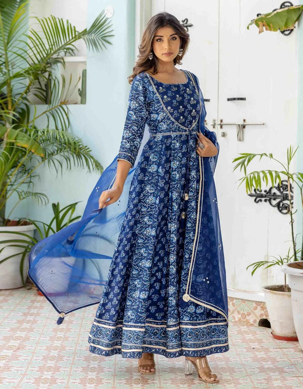 Indigo Floral Flared Dress With Organza Dupatta (2Pc) 5 Indigo Floral Flared Dress With Organza Dupatta (2Pc) - Image 3