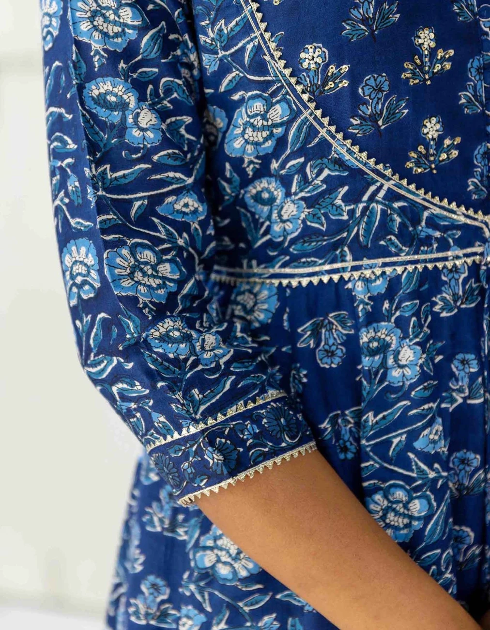 Indigo Floral Flared Dress With Organza Dupatta (2Pc) 6 Indigo Floral Flared Dress With Organza Dupatta (2Pc) - Image 4