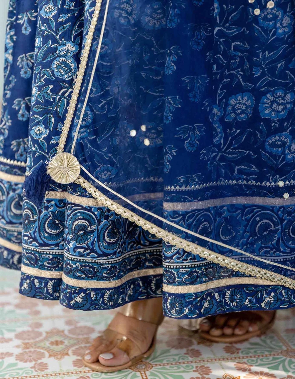 Indigo Floral Flared Dress With Organza Dupatta (2Pc) 7 Indigo Floral Flared Dress With Organza Dupatta (2Pc) - Image 5