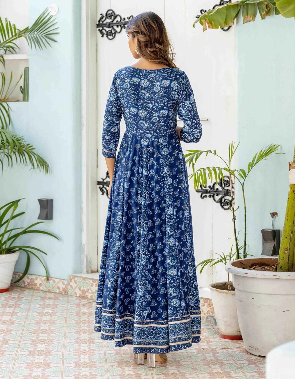 Indigo Floral Flared Dress With Organza Dupatta (2Pc) 8 Indigo Floral Flared Dress With Organza Dupatta (2Pc) - Image 6