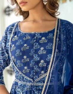 Indigo Floral Flared Dress With Organza Dupatta (2Pc) 15 Indigo Floral Flared Dress With Organza Dupatta (2Pc) -ZAZU Clothing Shop smc2340blub