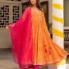 Orange And Fuchsia Pink Eye Printed Tiered Dress With Palazzo And Organza Dupatta -ZAZU Clothing Shop smc2404porg1