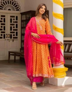 Orange And Fuchsia Pink Eye Printed Tiered Dress With Palazzo And Organza Dupatta -ZAZU Clothing Shop smc2404porg2