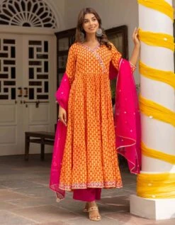 Orange And Fuchsia Pink Eye Printed Tiered Dress With Palazzo And Organza Dupatta -ZAZU Clothing Shop smc2404porg3