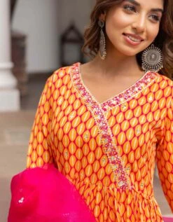 Orange And Fuchsia Pink Eye Printed Tiered Dress With Palazzo And Organza Dupatta -ZAZU Clothing Shop smc2404porg4
