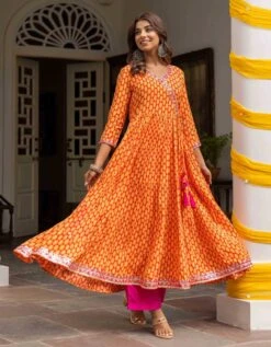 Orange And Fuchsia Pink Eye Printed Tiered Dress With Palazzo And Organza Dupatta -ZAZU Clothing Shop smc2404porg5
