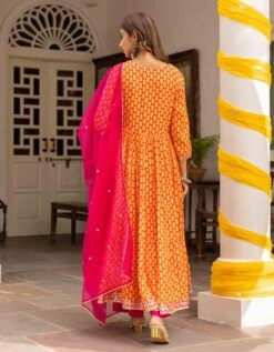 Orange And Fuchsia Pink Eye Printed Tiered Dress With Palazzo And Organza Dupatta -ZAZU Clothing Shop smc2404porg6
