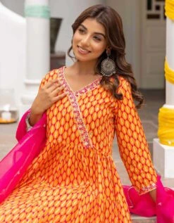 Orange And Fuchsia Pink Eye Printed Tiered Dress With Palazzo And Organza Dupatta -ZAZU Clothing Shop smc2404porgb