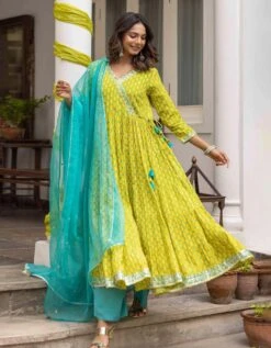 Marigold Yellow And Fuchsia Pink Eye Printed Tiered Dress With Palazzo And Organza Dupatta