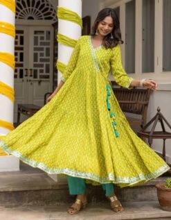 Marigold Yellow And Fuchsia Pink Eye Printed Tiered Dress With Palazzo And Organza Dupatta -ZAZU Clothing Shop smc2404pylw4