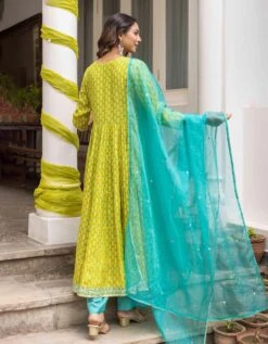 Marigold Yellow And Fuchsia Pink Eye Printed Tiered Dress With Palazzo And Organza Dupatta -ZAZU Clothing Shop smc2404pylw5