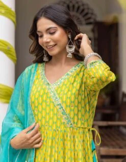 Marigold Yellow And Fuchsia Pink Eye Printed Tiered Dress With Palazzo And Organza Dupatta -ZAZU Clothing Shop smc2404pylwb