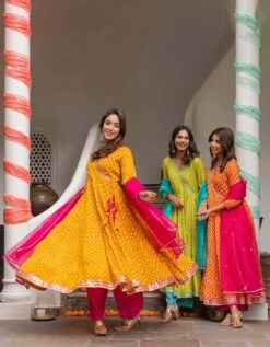 Fresh Lime And Turquoise Eye Printed Tiered Dress With Palazzo And Organza Dupatta -ZAZU Clothing Shop smc2404ylw5