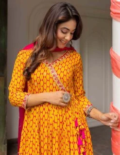 Fresh Lime And Turquoise Eye Printed Tiered Dress With Palazzo And Organza Dupatta -ZAZU Clothing Shop smc2404ylwb