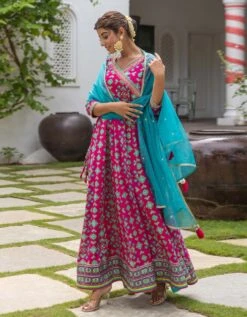 Patola Pink Anarkali Long Dress With Organza Dupatta -ZAZU Clothing Shop smc2407pnk3