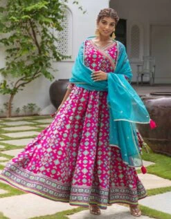 Patola Pink Anarkali Long Dress With Organza Dupatta -ZAZU Clothing Shop smc2407pnk4