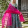 Patola Turquoise Anarkali Long Dress With Organza Dupatta -ZAZU Clothing Shop smc2407turq1