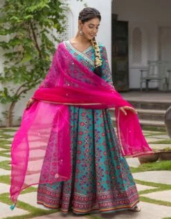 Patola Turquoise Anarkali Long Dress With Organza Dupatta
