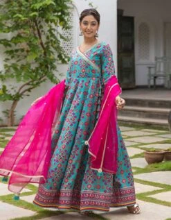 Patola Turquoise Anarkali Long Dress With Organza Dupatta -ZAZU Clothing Shop smc2407turq3