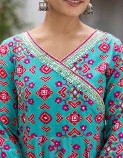 Patola Turquoise Anarkali Long Dress With Organza Dupatta -ZAZU Clothing Shop smc2407turq4
