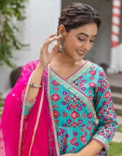 Patola Turquoise Anarkali Long Dress With Organza Dupatta -ZAZU Clothing Shop smc2407turqb