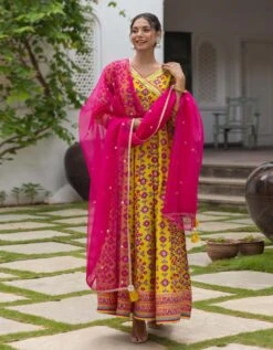 Patola Yellow Anarkali Long Dress With Organza Dupatta -ZAZU Clothing Shop smc2407ylw2