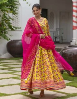 Patola Yellow Anarkali Long Dress With Organza Dupatta -ZAZU Clothing Shop smc2407ylw3