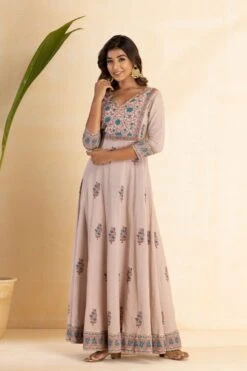 Peach Hand Block Printed Long Dress With Printed Floral Dupatta -ZAZU Clothing Shop smc347pch2